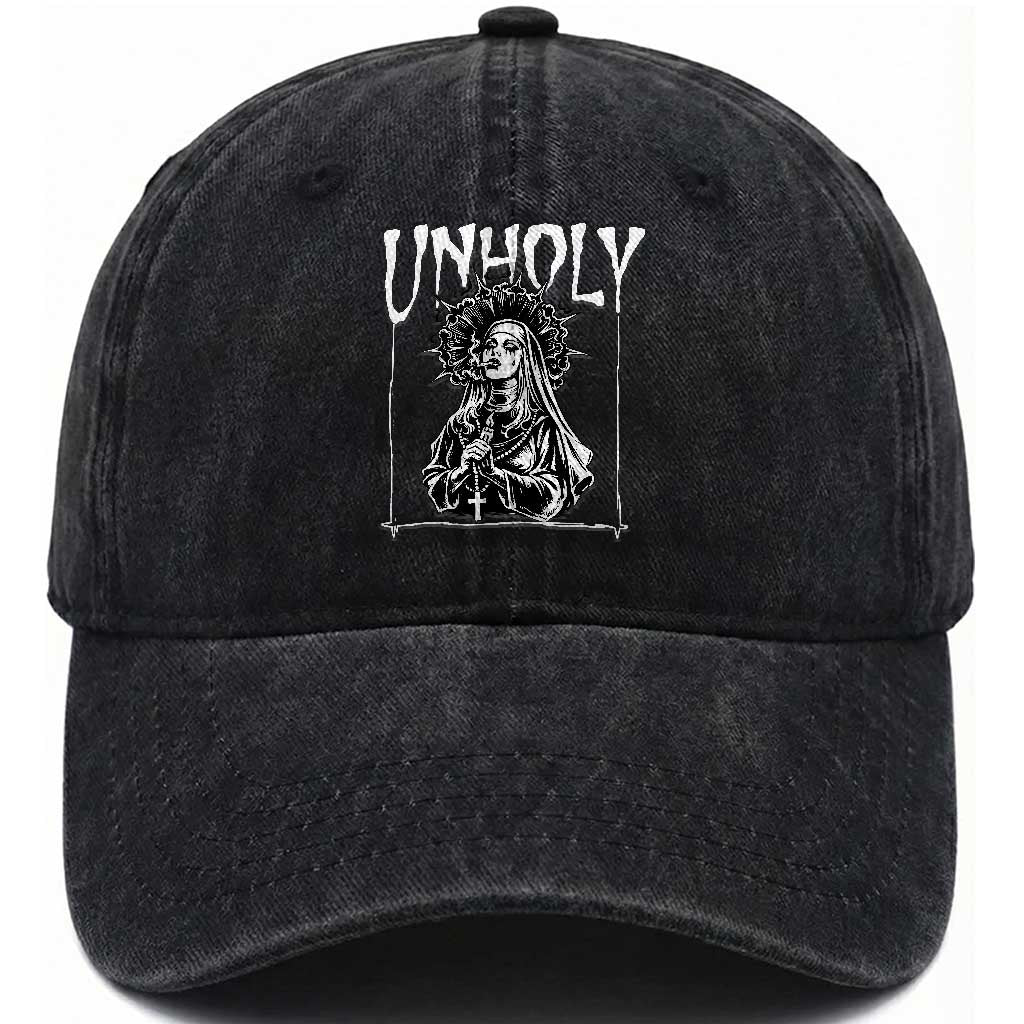Unholy Nun Washed Cotton Baseball Cap Funny Horror Unholy Nun Satan Baphomet Gothic TS14 Washed Cap Universal Fit Black Print Your Wear