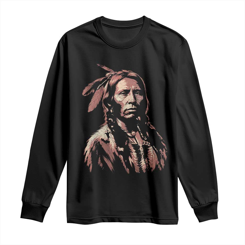 Native American Warrior Chief Feathers Portrait Vintage Linocut Graphic Long Sleeve Shirt Indigenous Heritage Pride