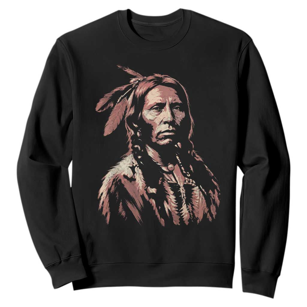 Native American Warrior Chief Feathers Portrait Vintage Linocut Graphic Sweatshirt Indigenous Heritage Pride