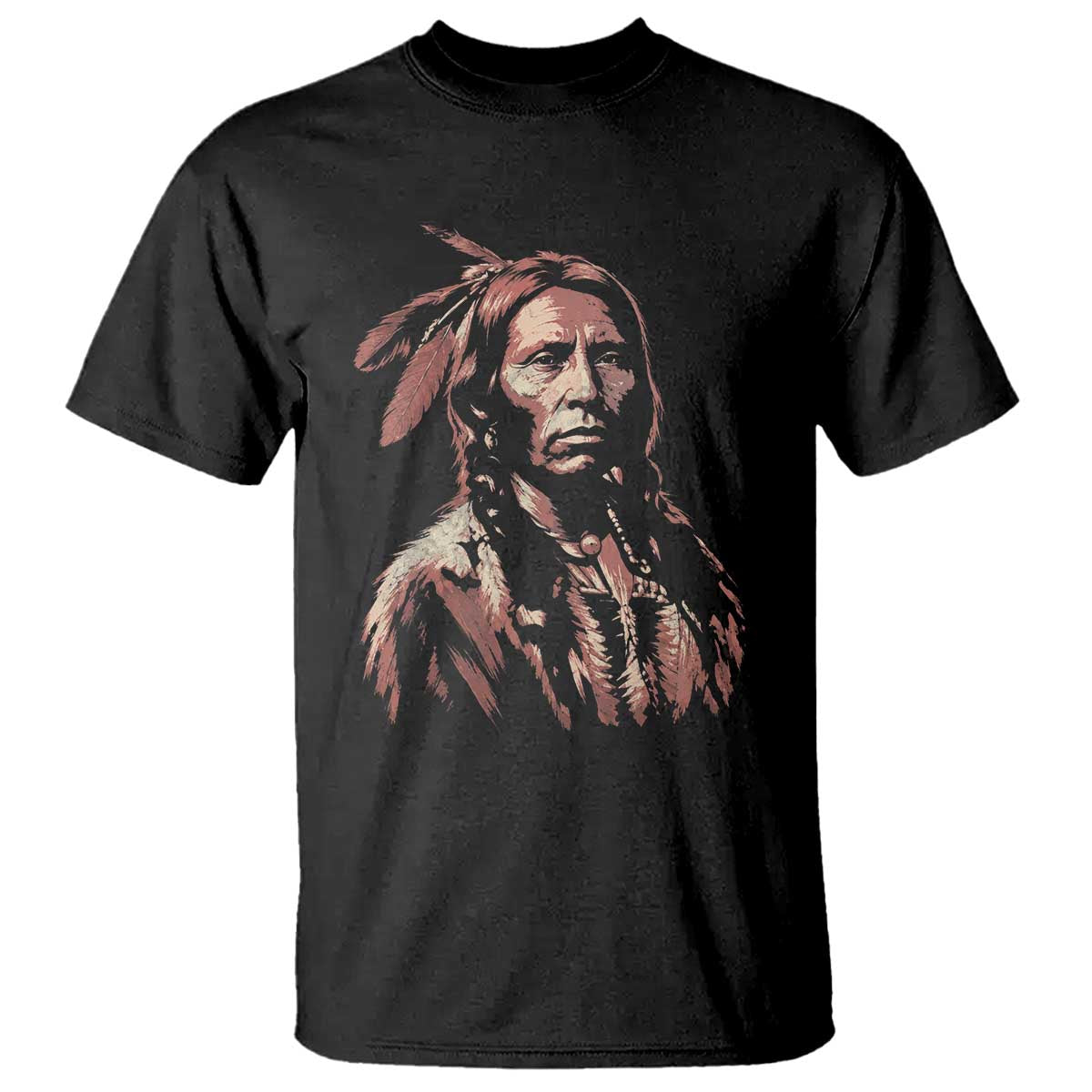 Native American Warrior Chief Feathers Portrait Vintage Linocut Graphic T Shirt Indigenous Heritage Pride