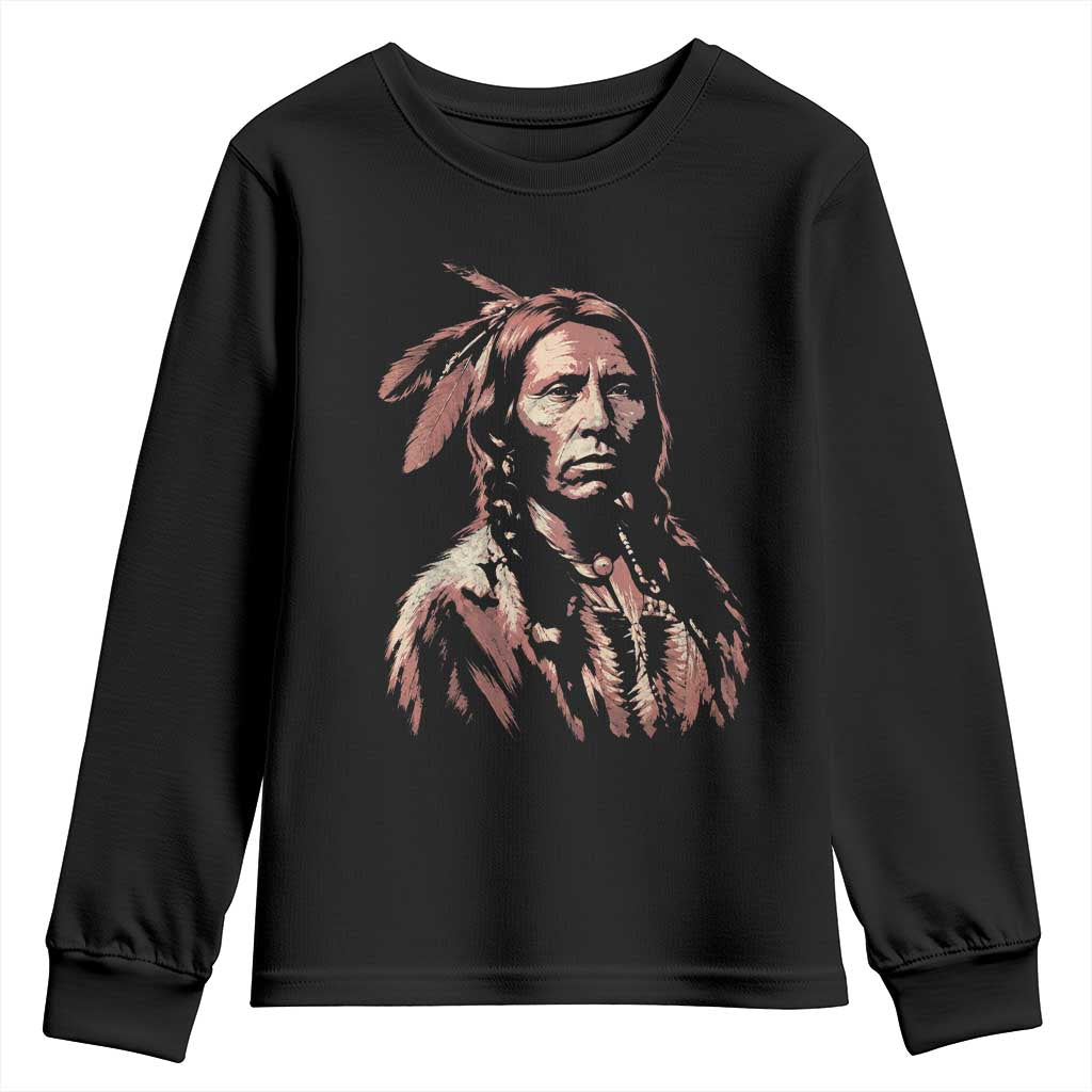 Native American Warrior Chief Feathers Portrait Vintage Linocut Graphic Youth Sweatshirt Indigenous Heritage Pride