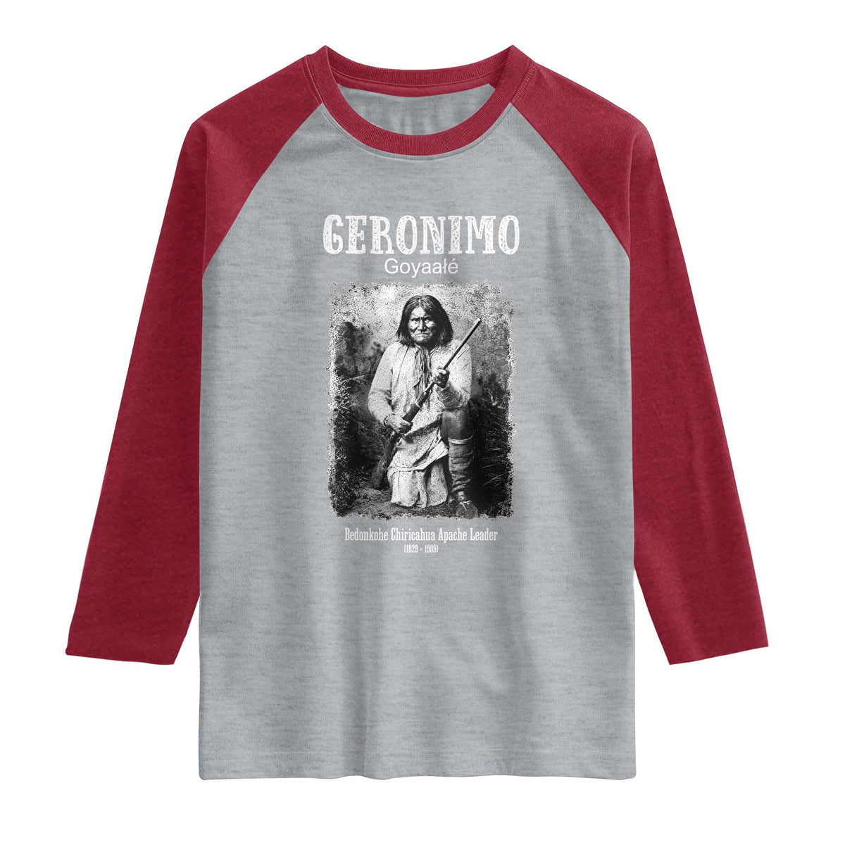 Geronimo Apache Leader American Indian History Raglan Shirt TS14 Heather Gray Heather Red Print Your Wear
