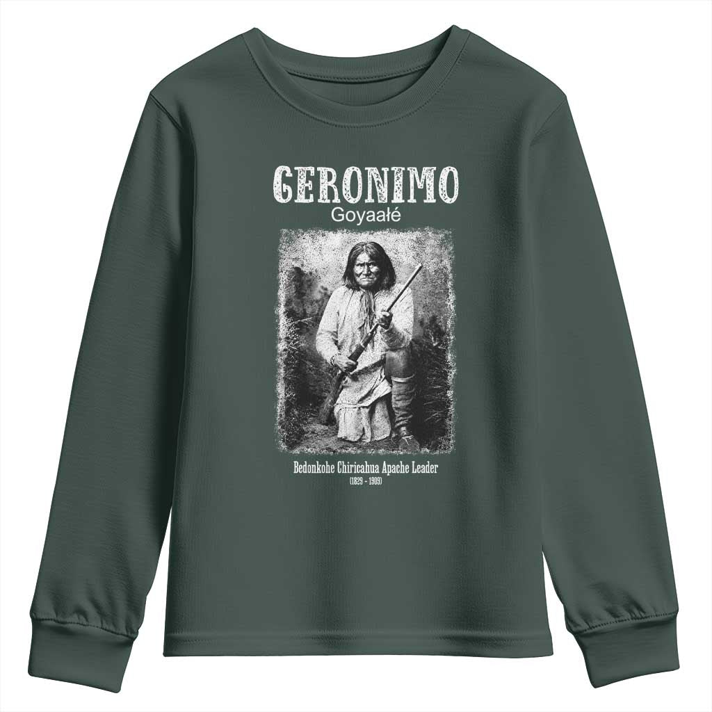 Geronimo Apache Leader American Indian History Youth Sweatshirt TS14 Dark Forest Green Print Your Wear