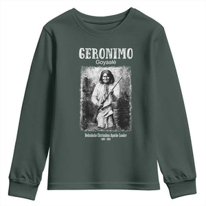 Geronimo Apache Leader American Indian History Youth Sweatshirt TS14 Dark Forest Green Print Your Wear
