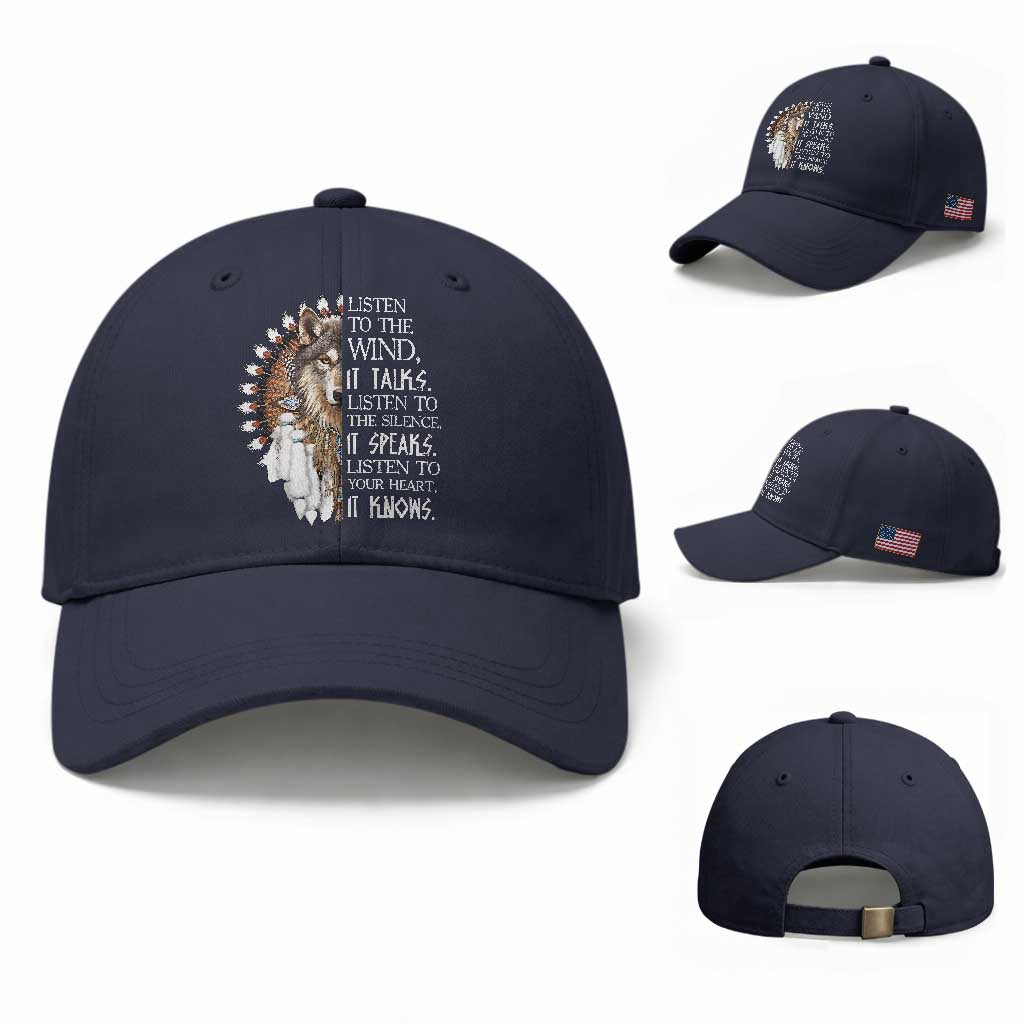 Native American Indian Wolf Saying Listen to The Wind Baseball Cap TS14 Baseball Cap Universal Fit Navy Print Your Wear