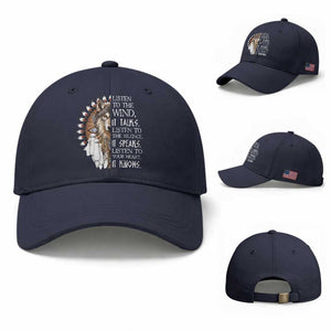 Native American Indian Wolf Saying Listen to The Wind Baseball Cap TS14 Baseball Cap Universal Fit Navy Print Your Wear