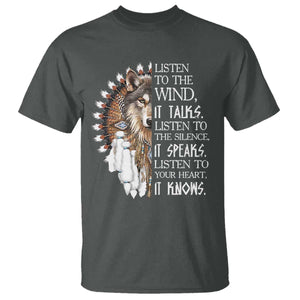 Native American Indian Wolf Saying Listen to The Wind T Shirt TS14 Dark Heather Print Your Wear