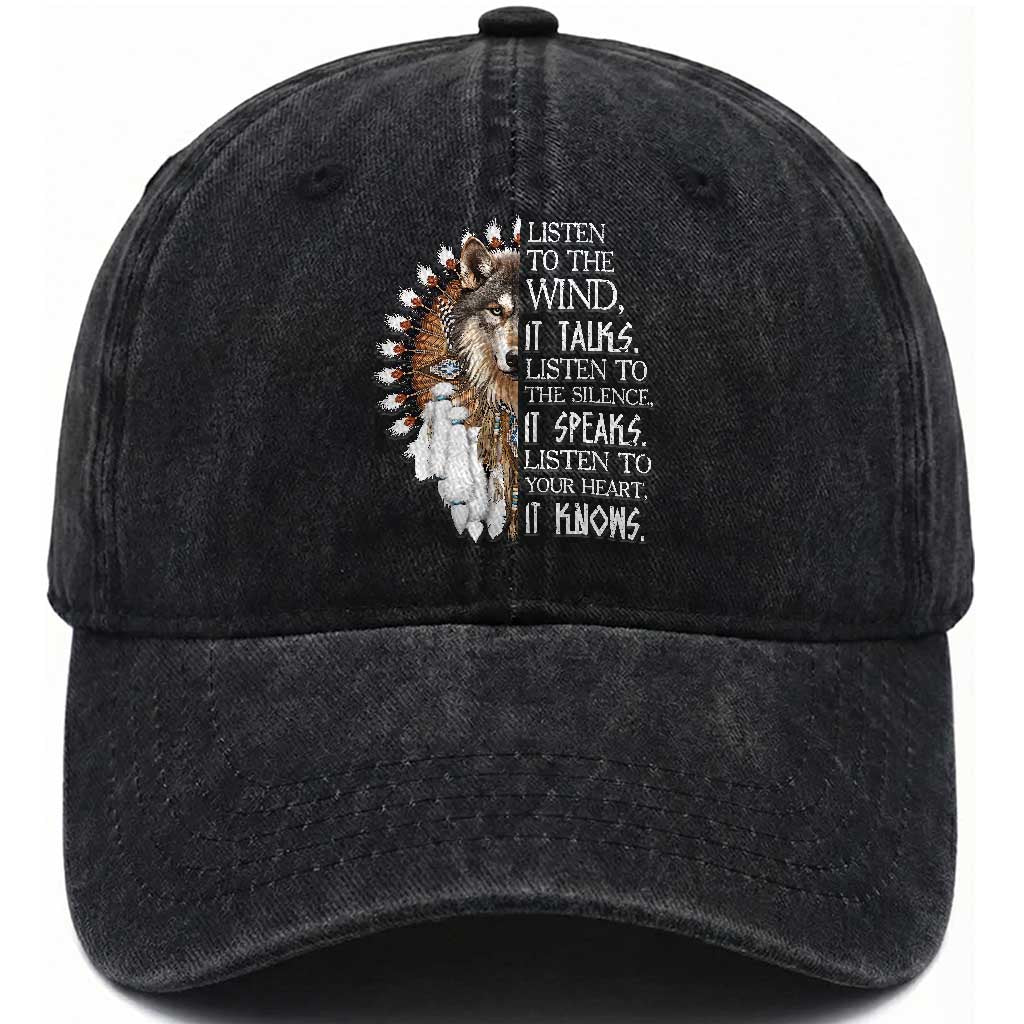 Native American Indian Wolf Saying Listen to The Wind Washed Cotton Baseball Cap TS14 Print Your Wear