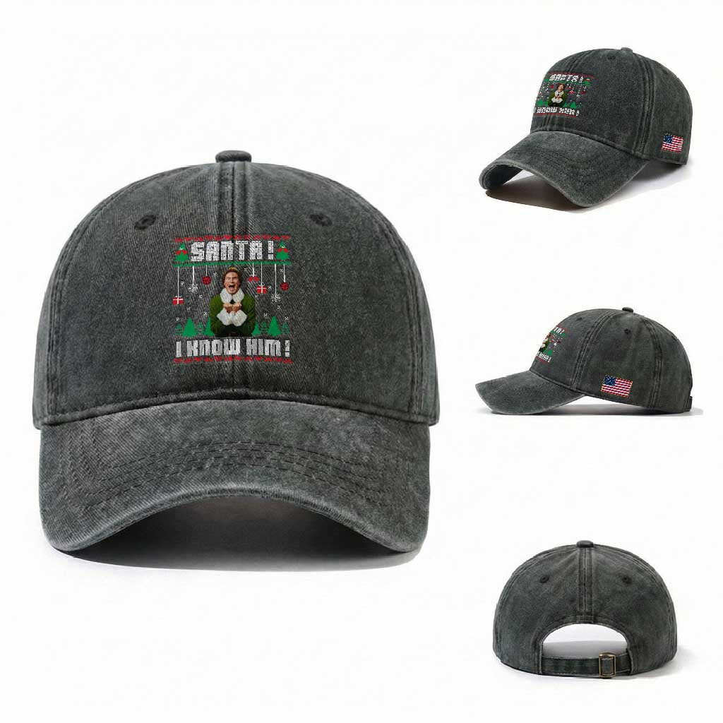 Santa I Know Him Washed Cotton Baseball Cap Funny Elf Christmas TS14 Washed Cap Universal Fit Dark Green Print Your Wear