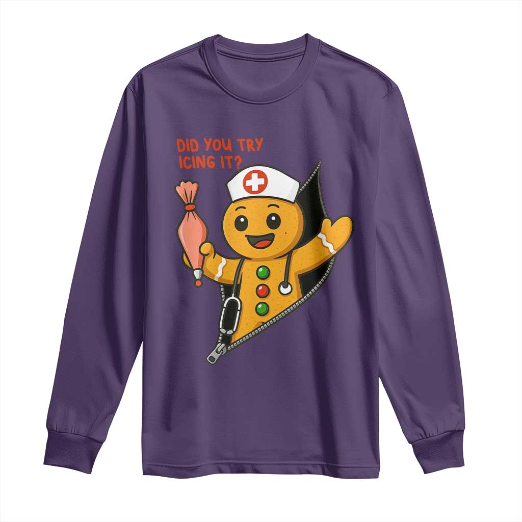 Funny ICU Nurse Christmas Long Sleeve Shirt Gingerbread Did You Try Icing It TS14 Purple Print Your Wear