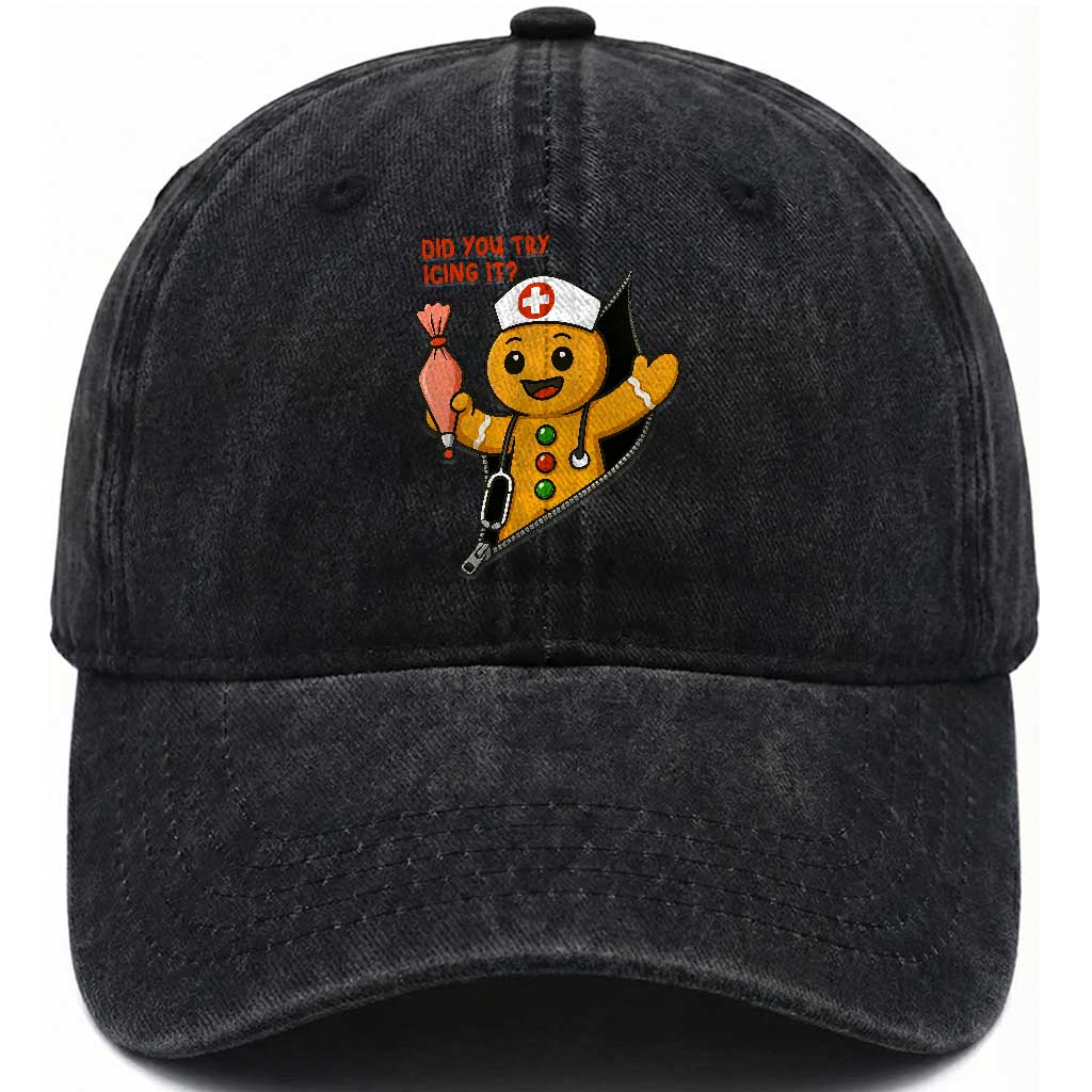 Funny ICU Nurse Christmas Washed Cotton Baseball Cap Gingerbread Did You Try Icing It TS14 Washed Cap Universal Fit Black Print Your Wear