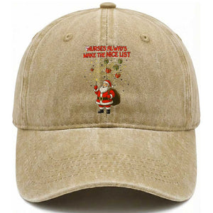Funny Nurse Christmas Washed Cotton Baseball Cap Nurses Always Make The Nice List TS14 Washed Cap Universal Fit Khaki Print Your Wear