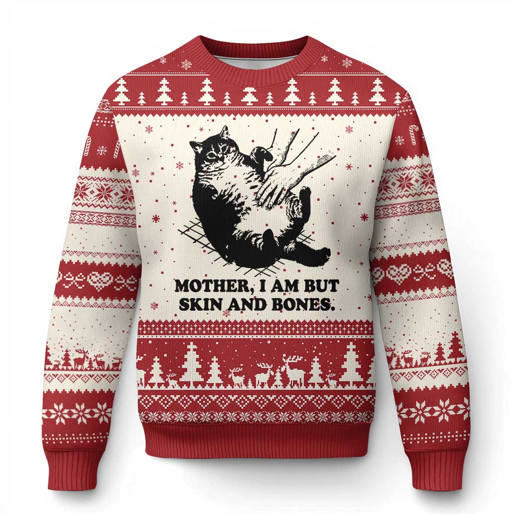 Funny Cat Mom Cat Lover Ugly Christmas Sweater Mother I Am But Skin and Bones TS14 Beige Red Print Your Wear