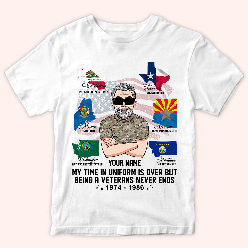 Personalized Veteran T Shirt My Time In Uniform Is Over But Being A Veteran Never Ends CTM Youth Custom - Printyourwear