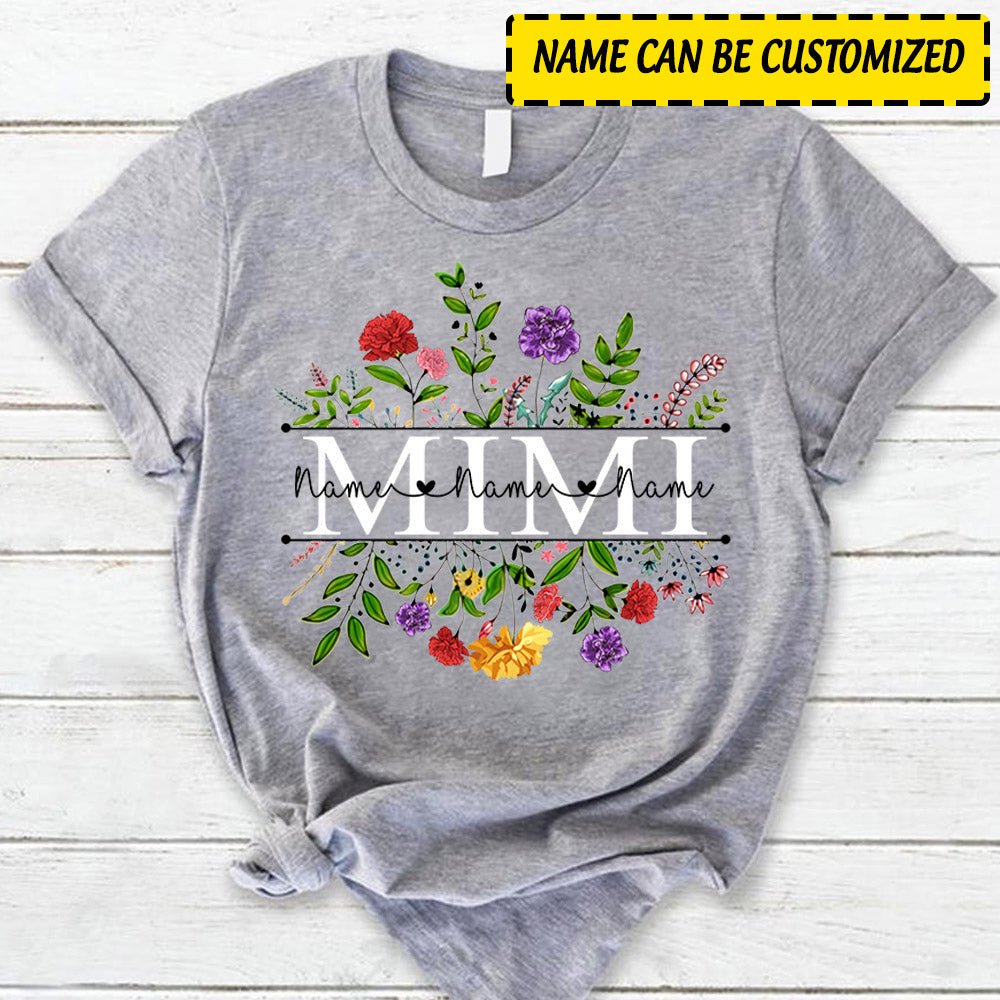 Personalized Mimi With Grandkids Names Carnation Frame T Shirt For Grandma Huts CTM Youth Custom - Printyourwear