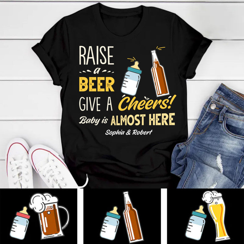 Personalized Beer Raise A Beer Give A Cheer Baby Is Almost Here T Shirt CTM Youth Custom - Printyourwear