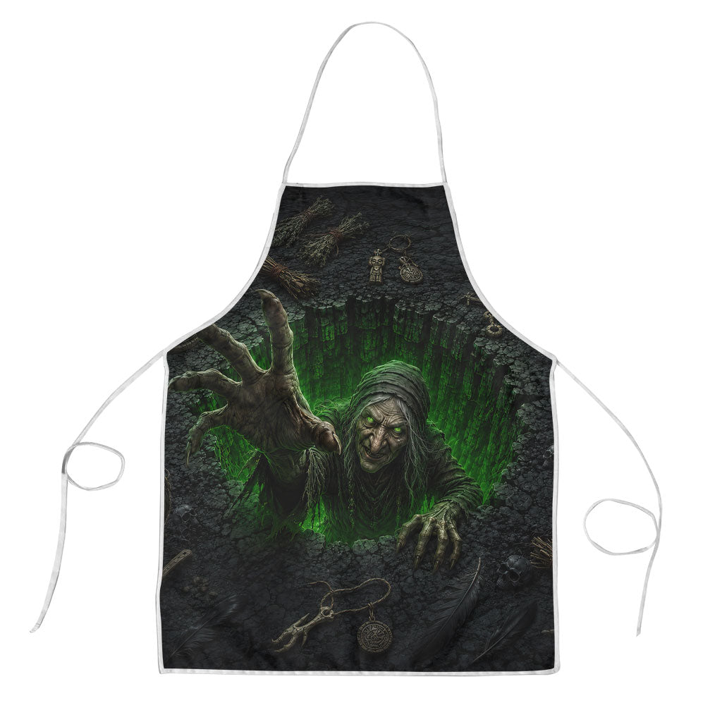Wicked Green Witch Rising From Abyss 3D Optical Illusion Apron Dark Sorcery Witchcraft Halloween Spooky Aesthetic Graphic