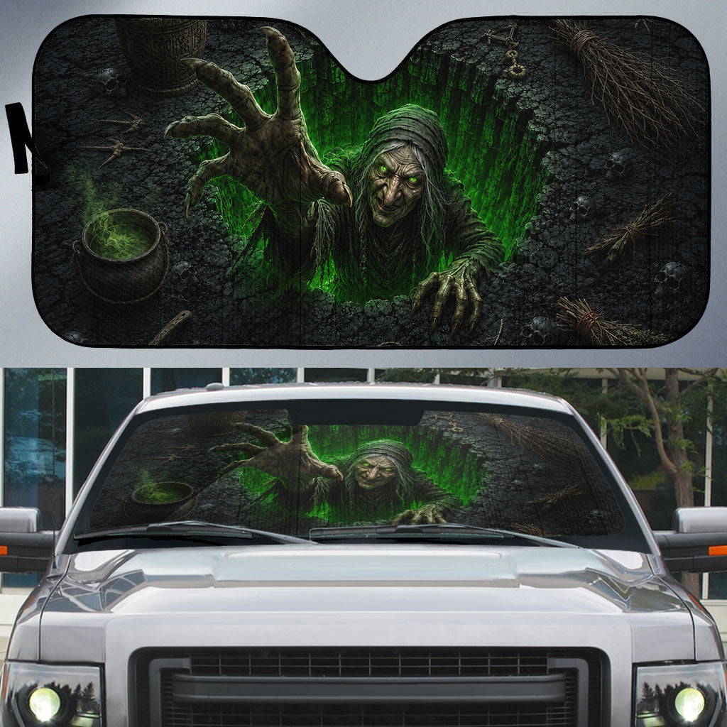 Wicked Green Witch Rising From Abyss 3D Optical Illusion Auto Sun Shade Dark Sorcery Witchcraft Halloween Spooky Aesthetic Graphic