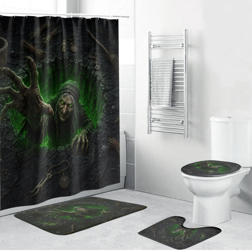 Wicked Green Witch Rising From Abyss 3D Optical Illusion Bathroom Set Dark Sorcery Witchcraft Halloween Spooky Aesthetic Graphic