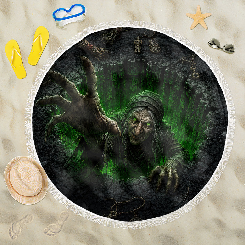 Wicked Green Witch Rising From Abyss 3D Optical Illusion Beach Blanket Dark Sorcery Witchcraft Halloween Spooky Aesthetic Graphic