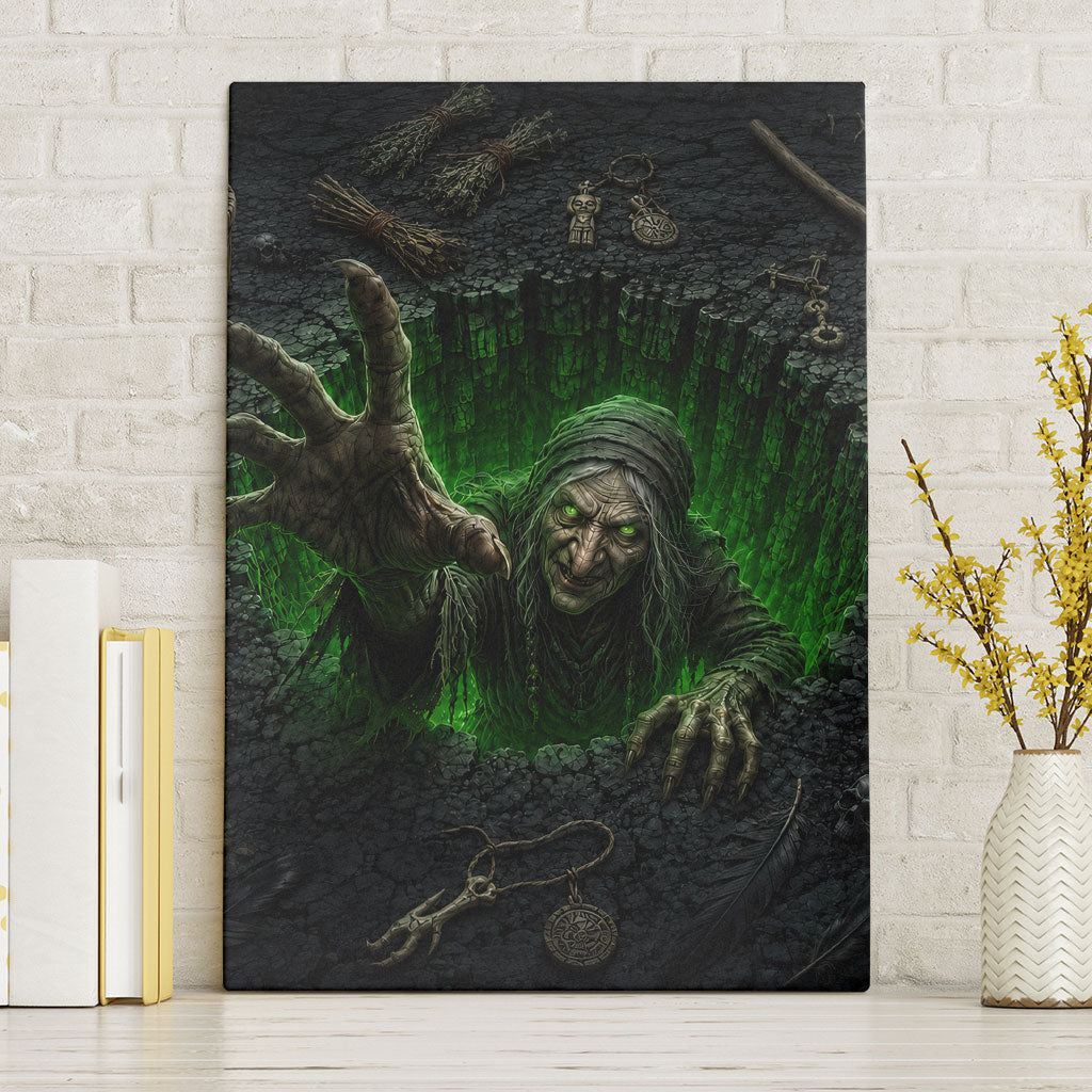 Wicked Green Witch Rising From Abyss 3D Optical Illusion Canvas Wall Art Dark Sorcery Witchcraft Halloween Spooky Aesthetic Graphic