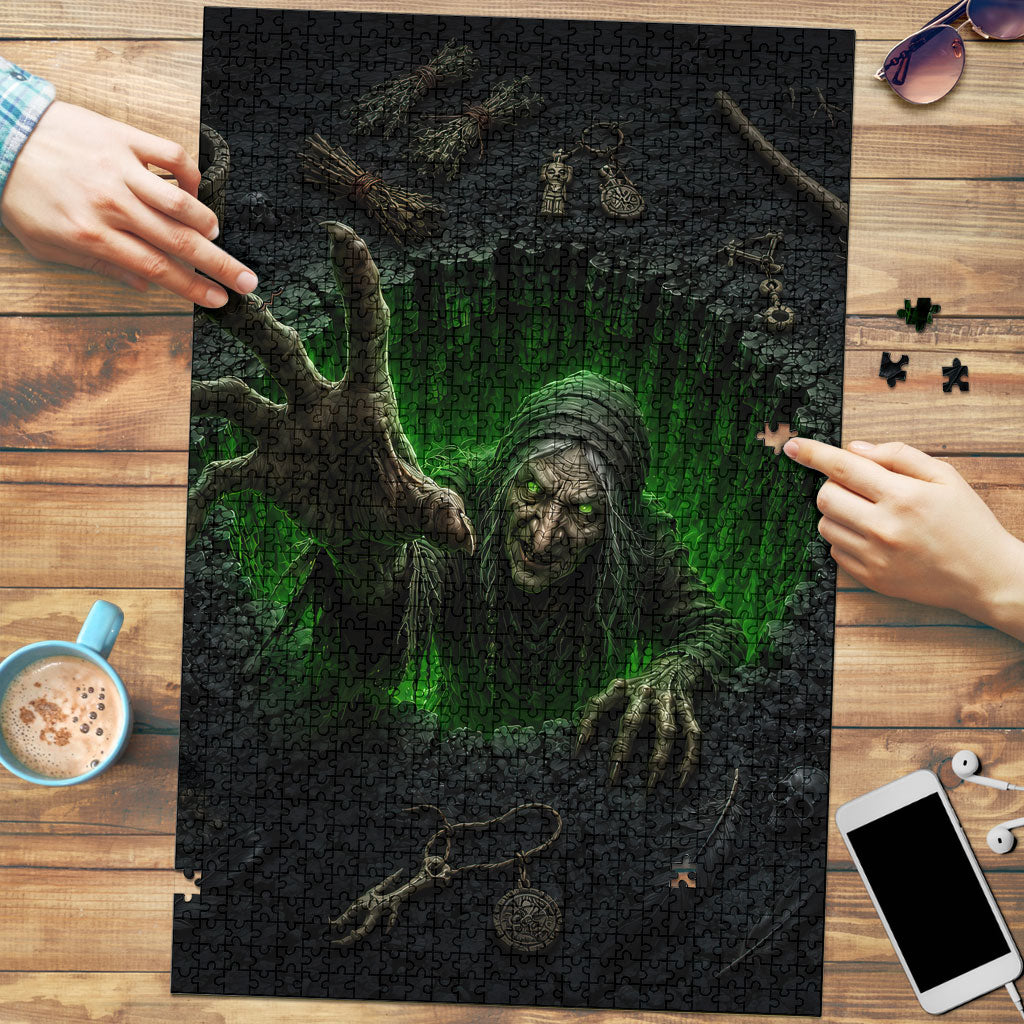 Wicked Green Witch Rising From Abyss 3D Optical Illusion Puzzle Dark Sorcery Witchcraft Halloween Spooky Aesthetic Graphic
