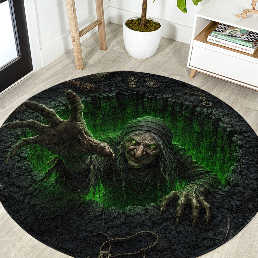 Wicked Green Witch Rising From Abyss 3D Optical Illusion Round Carpet Dark Sorcery Witchcraft Halloween Spooky Aesthetic Graphic