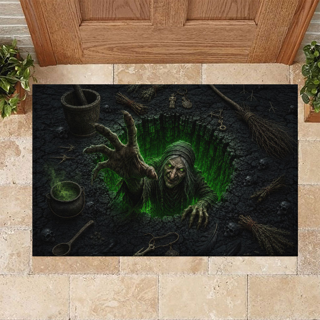 Wicked Green Witch Rising From Abyss 3D Optical Illusion Rubber Doormat Dark Sorcery Witchcraft Halloween Spooky Aesthetic Graphic
