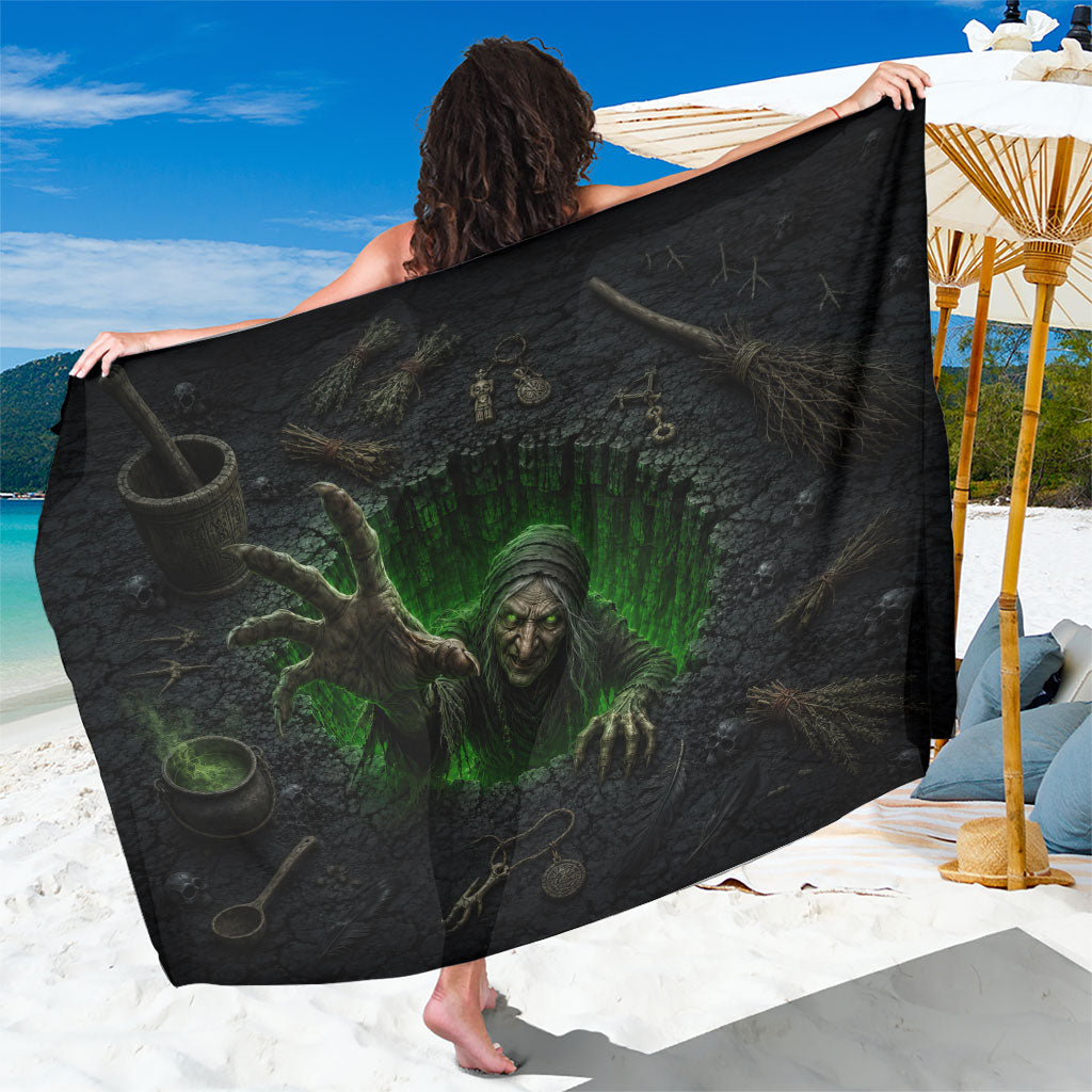 Wicked Green Witch Rising From Abyss 3D Optical Illusion Sarong Dark Sorcery Witchcraft Halloween Spooky Aesthetic Graphic