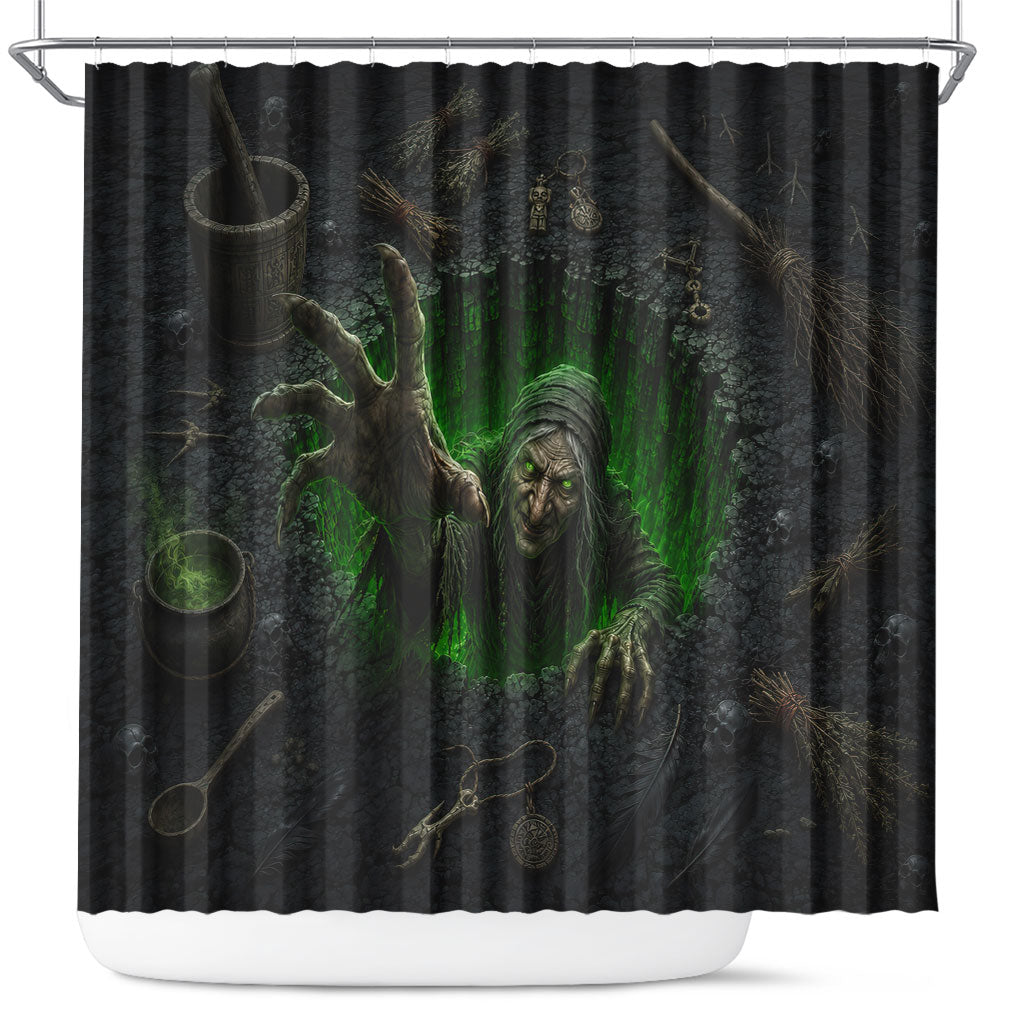 Wicked Green Witch Rising From Abyss 3D Optical Illusion Shower Curtain Dark Sorcery Witchcraft Halloween Spooky Aesthetic Graphic