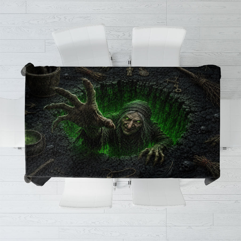 Wicked Green Witch Rising From Abyss 3D Optical Illusion Tablecloth Dark Sorcery Witchcraft Halloween Spooky Aesthetic Graphic
