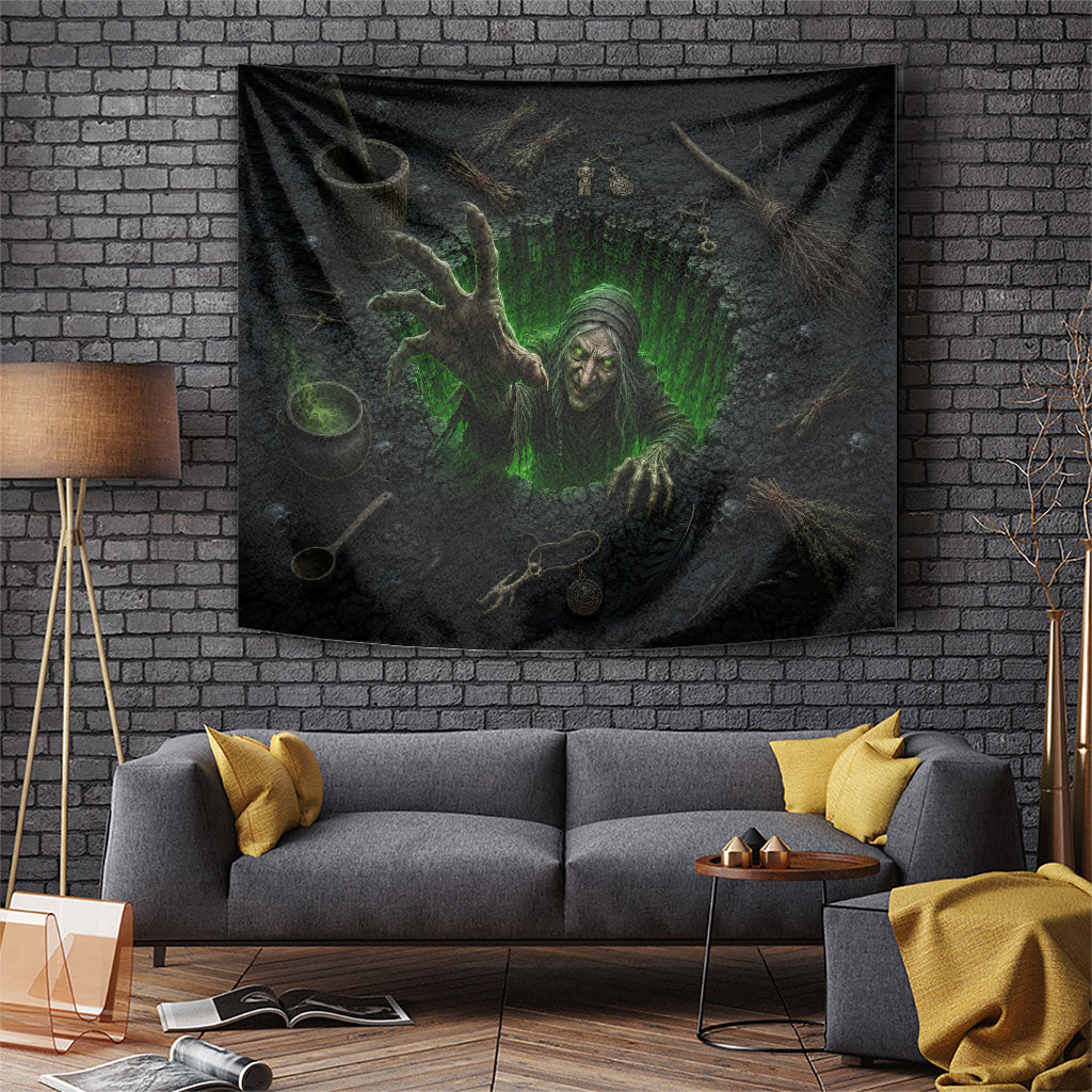 Wicked Green Witch Rising From Abyss 3D Optical Illusion Tapestry Dark Sorcery Witchcraft Halloween Spooky Aesthetic Graphic