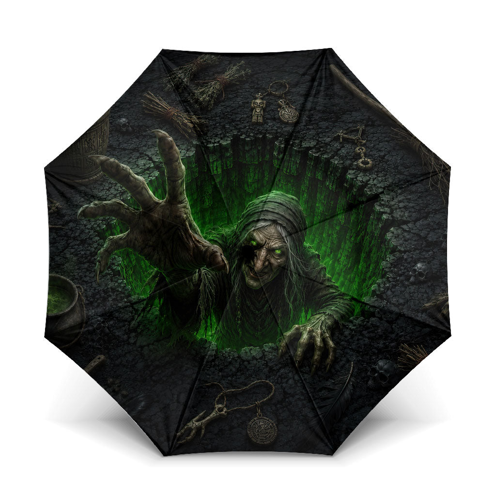 Wicked Green Witch Rising From Abyss 3D Optical Illusion Umbrella Dark Sorcery Witchcraft Halloween Spooky Aesthetic Graphic