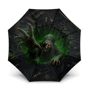 Wicked Green Witch Rising From Abyss 3D Optical Illusion Umbrella Dark Sorcery Witchcraft Halloween Spooky Aesthetic Graphic
