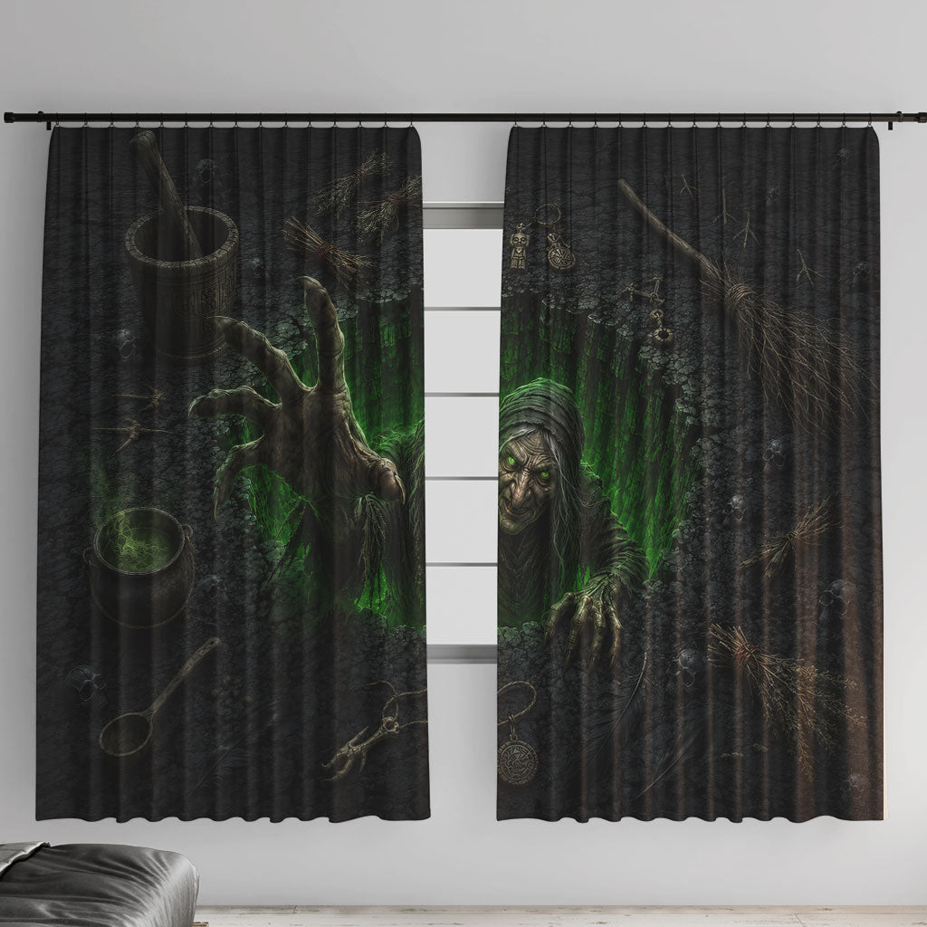 Wicked Green Witch Rising From Abyss 3D Optical Illusion Window Curtain Dark Sorcery Witchcraft Halloween Spooky Aesthetic Graphic