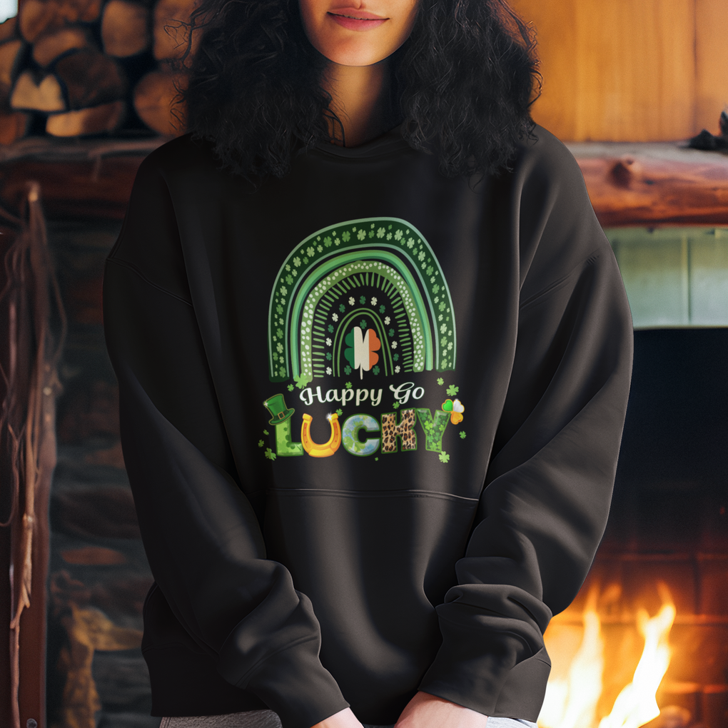 Funny St. Patricks Day Hoodie Happy Go Lucky Shamrock Rainbow TS02 Printyourwear