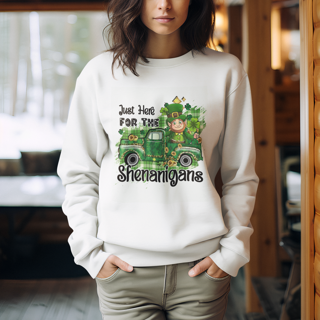 Funny St. Patricks Day Sweatshirt Just Here For The Shenanigans Truck of Shamrock TS02 Printyourwear