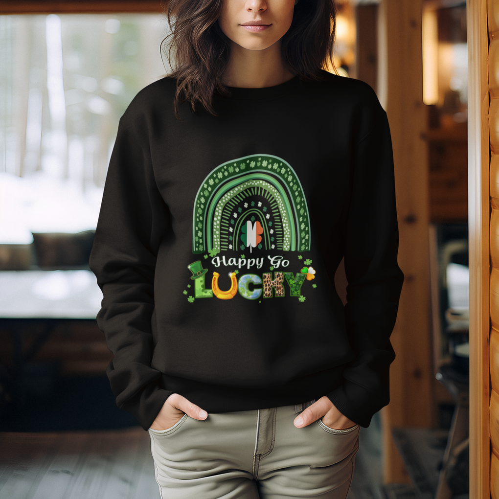 Funny St. Patricks Day Sweatshirt Happy Go Lucky Shamrock Rainbow TS02 Printyourwear